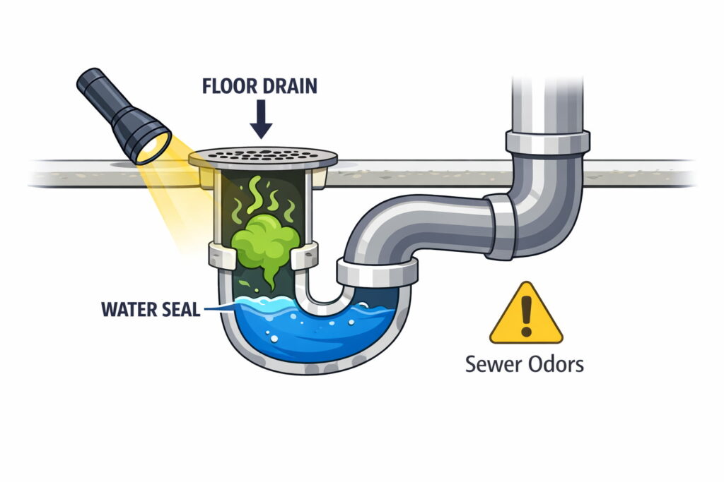 A) Check for a dry floor drain (quick win in many laundry rooms)