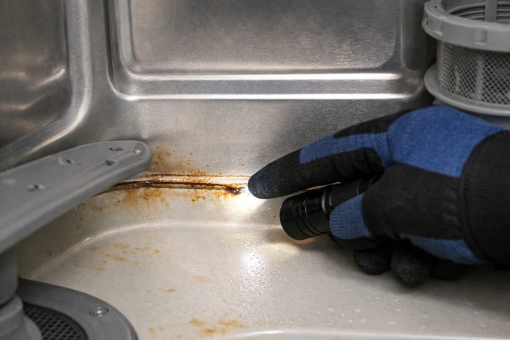 Rare but important: Tub cracks, rust-through, or bottom seam damage