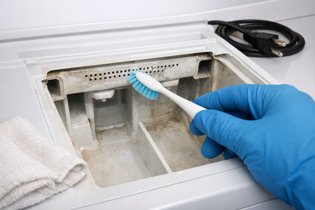 Step 4: Clean the drawer housing (the “smell comes back” spot)