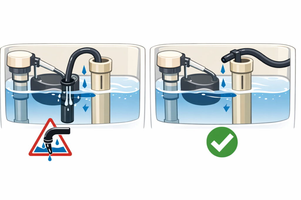 Step 4: Tank fills, but bowl is low after flush (refill tube + overflow setup)
