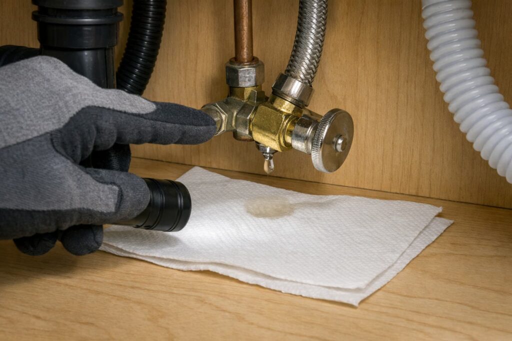 2) Door-area leak that runs down and pools underneath