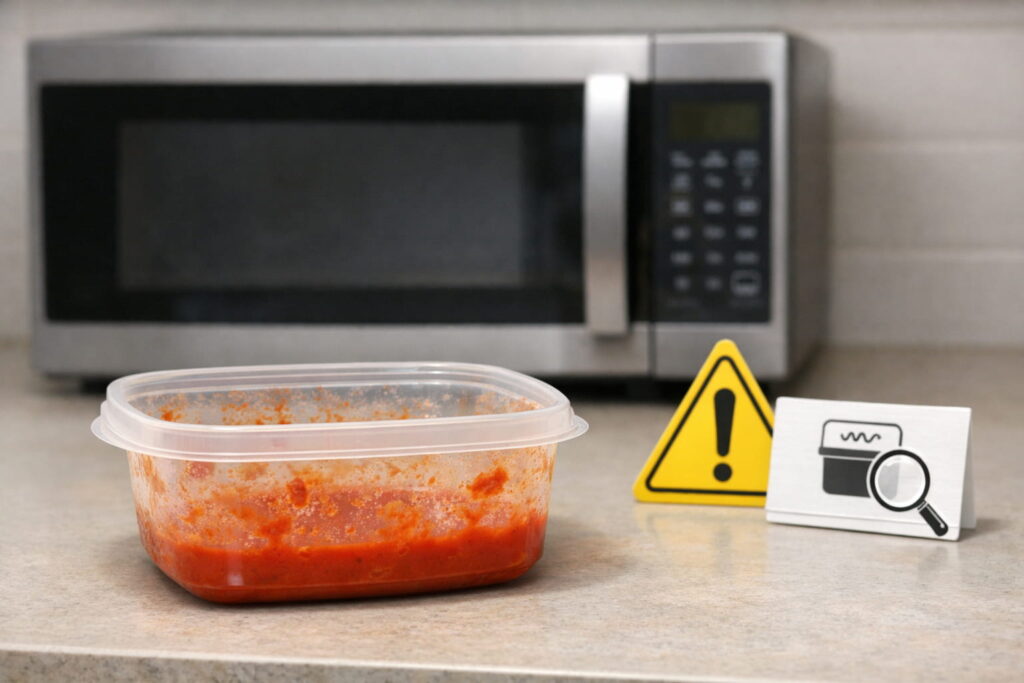 Do not reheat tomato foods in stain-prone plastic unless the manufacturer allows it